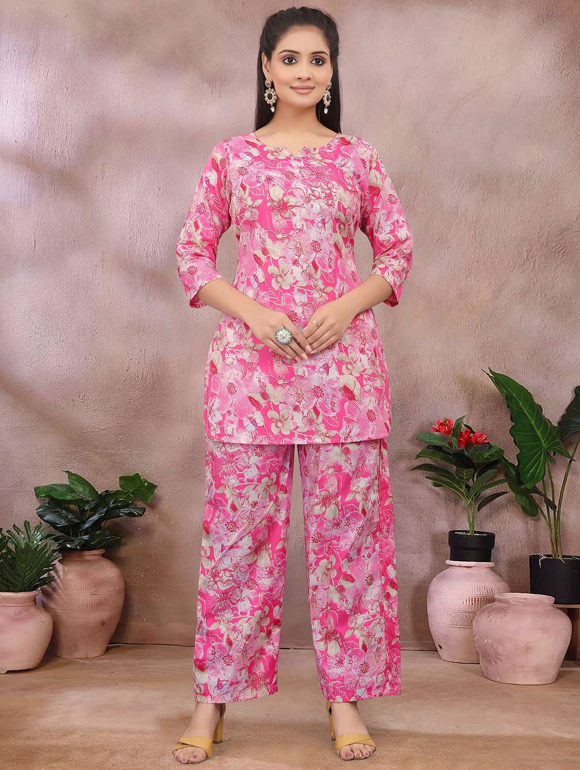 women printed three quarter sleeve co-ord set
