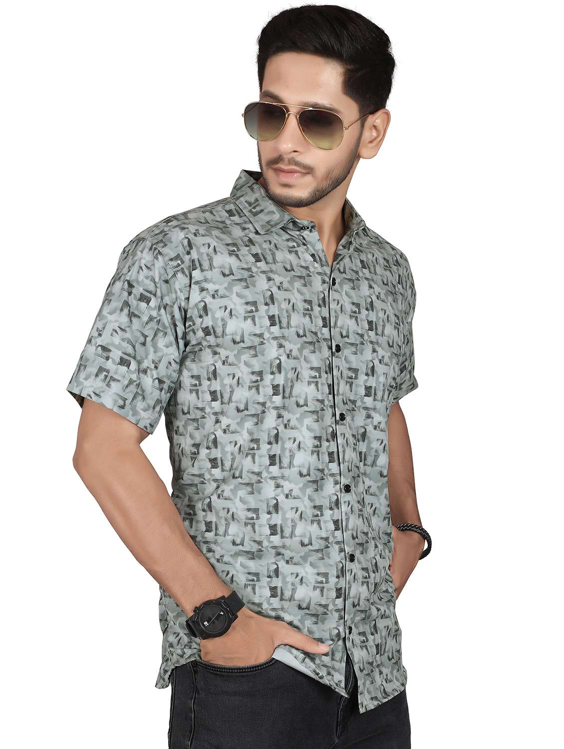 men printed short sleeve regular fit casual shirt