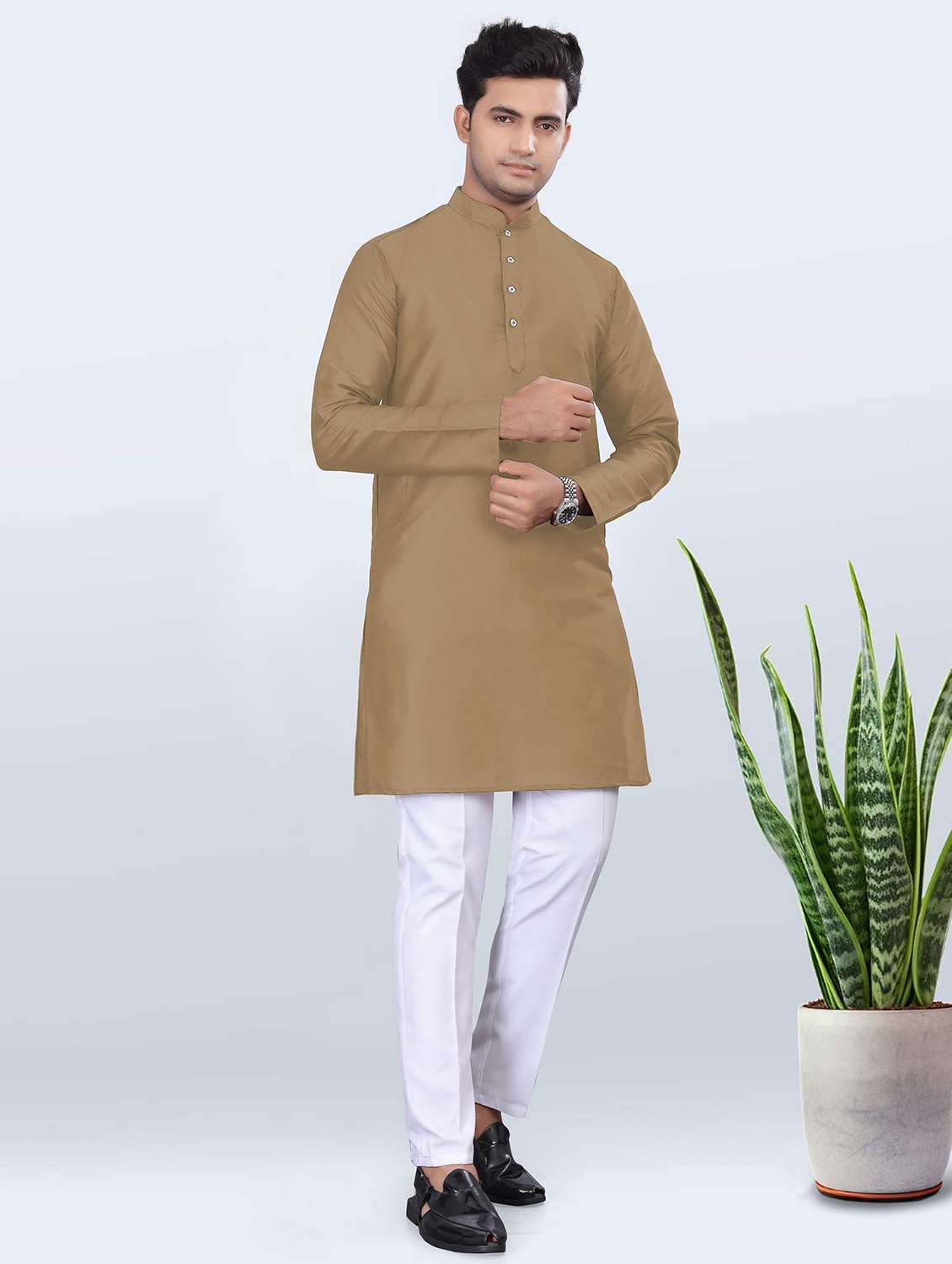men solid mandarin neck long kurta