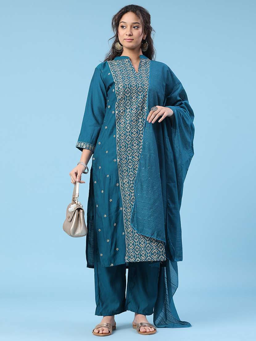 women embroidered three quarter sleeve kurta pant with dupatta set