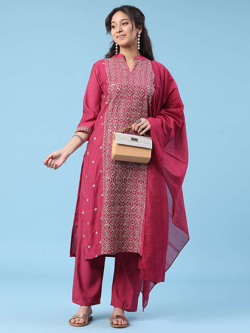 women embroidered three quarter sleeve kurta pant with dupatta set