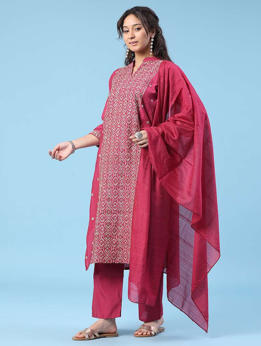 women embroidered three quarter sleeve kurta pant with dupatta set - 22338456 -  Standard Image - 3