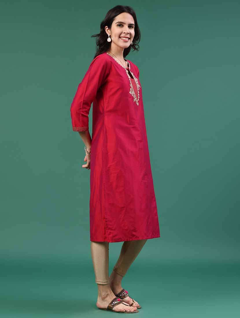 Women Embroidered Three Quarter Sleeve Straight Kurta - 22338759 -  Standard Image - 3