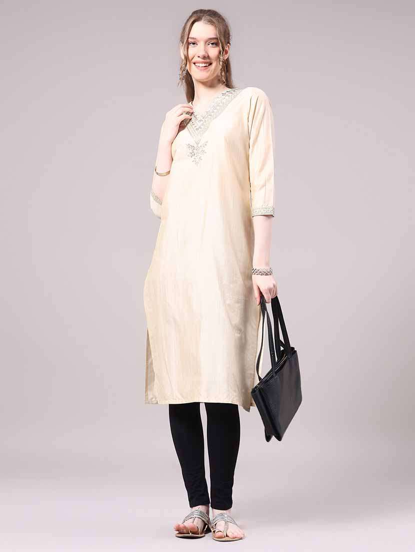 women embroidered three quarter sleeve straight kurta