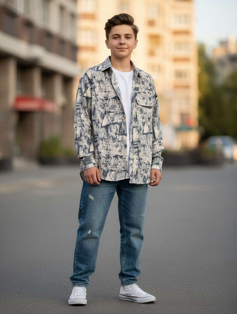 boys printed long sleeve collared shirt