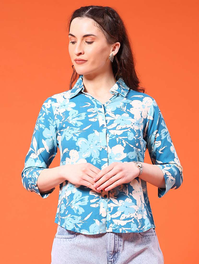 women floral print collared three quarter sleeve shirt
