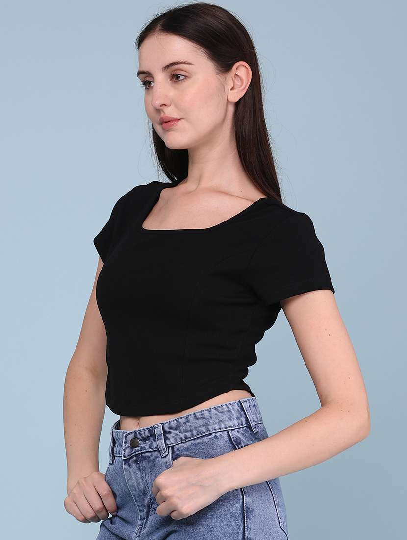 Women Solid Short Sleeves Crop T-shirt - 22338972 -  Standard Image - 3