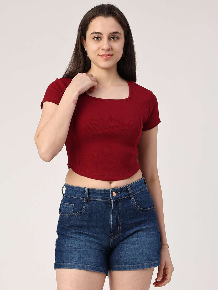 women solid square neck t-shirt