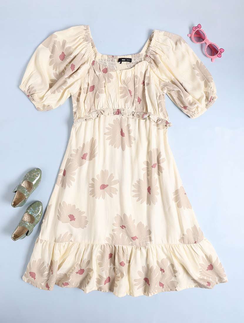 beige rayon fit & flare dress