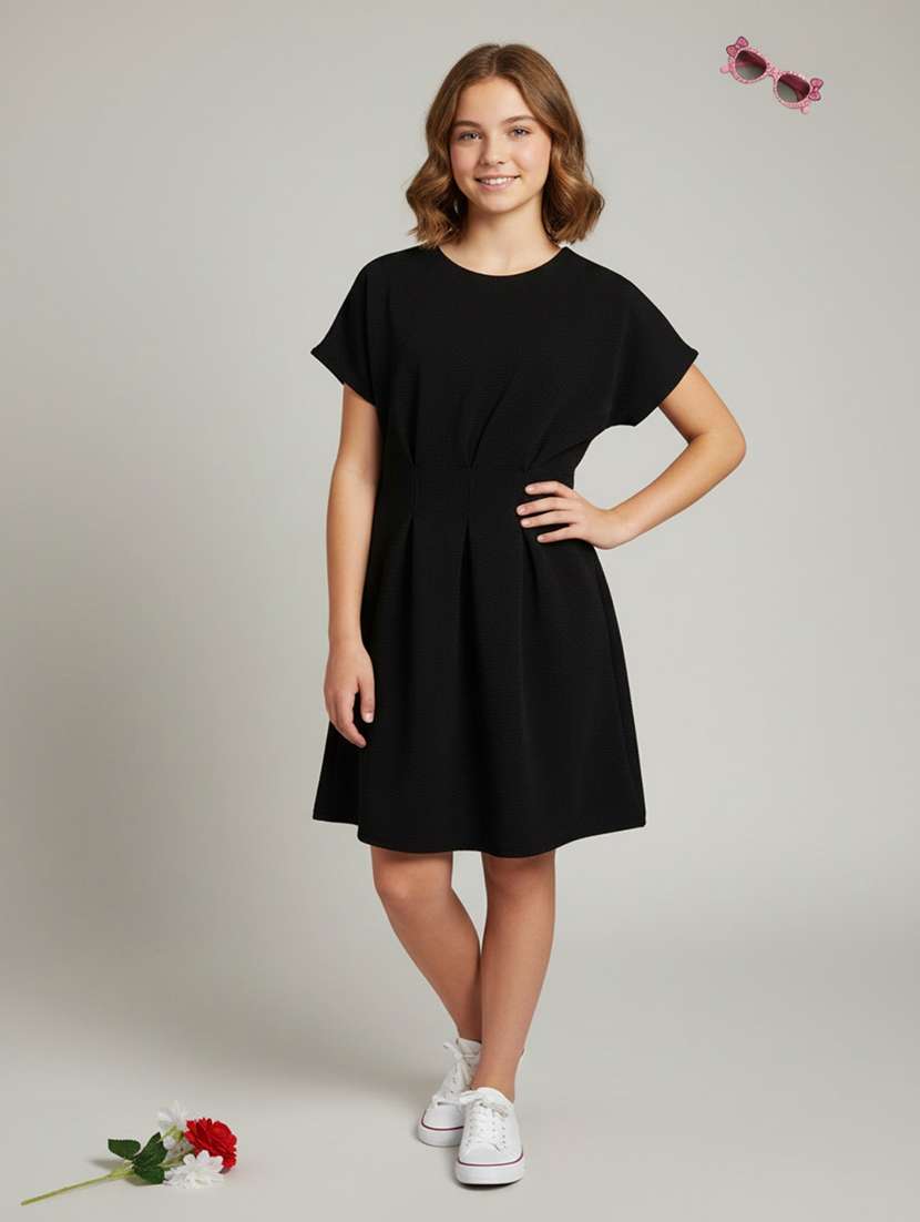 girls solid round neck a-line dress