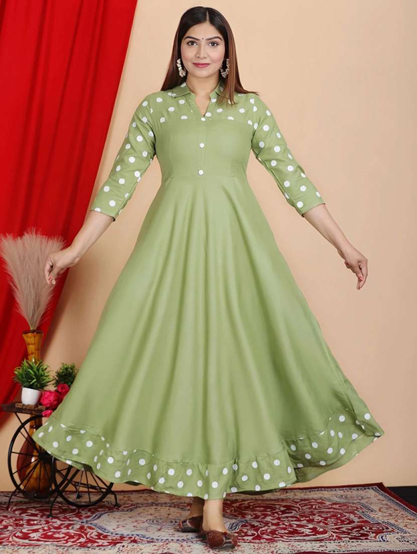 women polka dot three quarter sleeve flared kurta