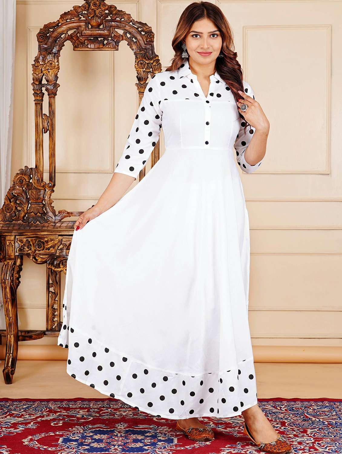 women polka dot three quarter sleeve flared kurta