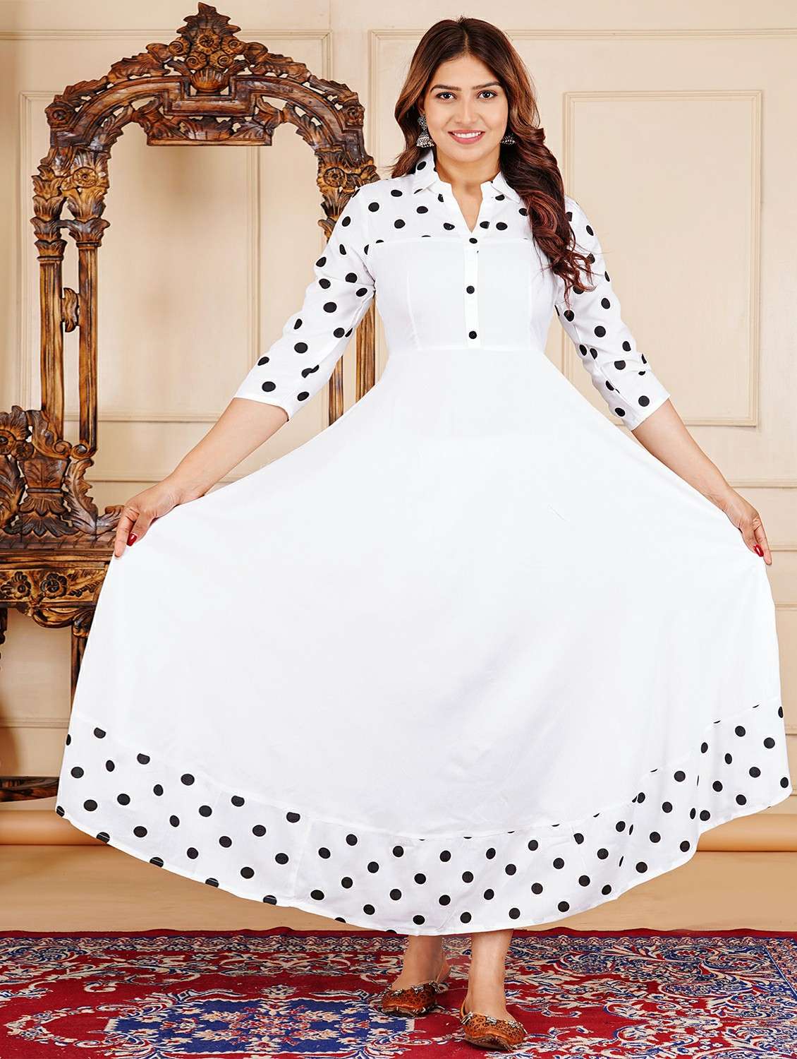 women polka dot three quarter sleeve flared kurta - 22339268 -  Standard Image - 3