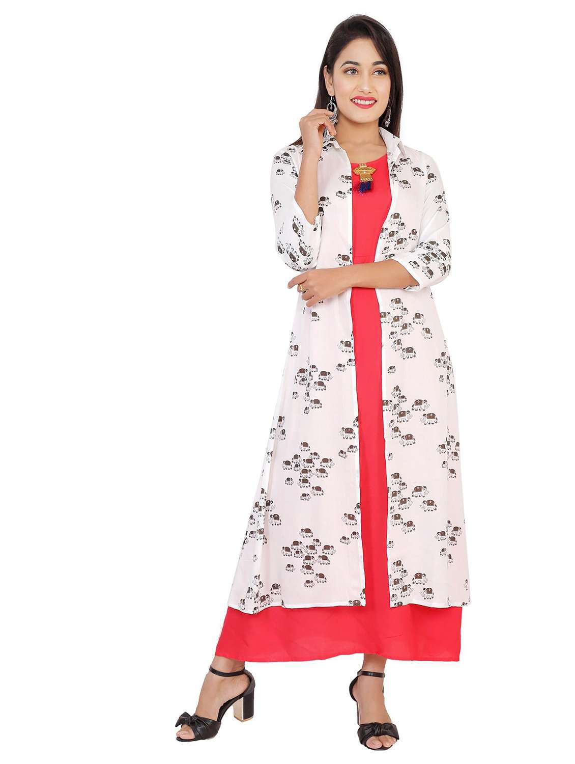 women printed three quarter sleeve kurta with jacket