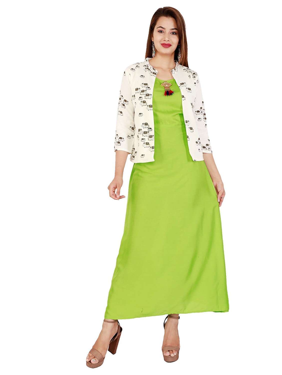women printed three quarter sleeve kurta with jacket