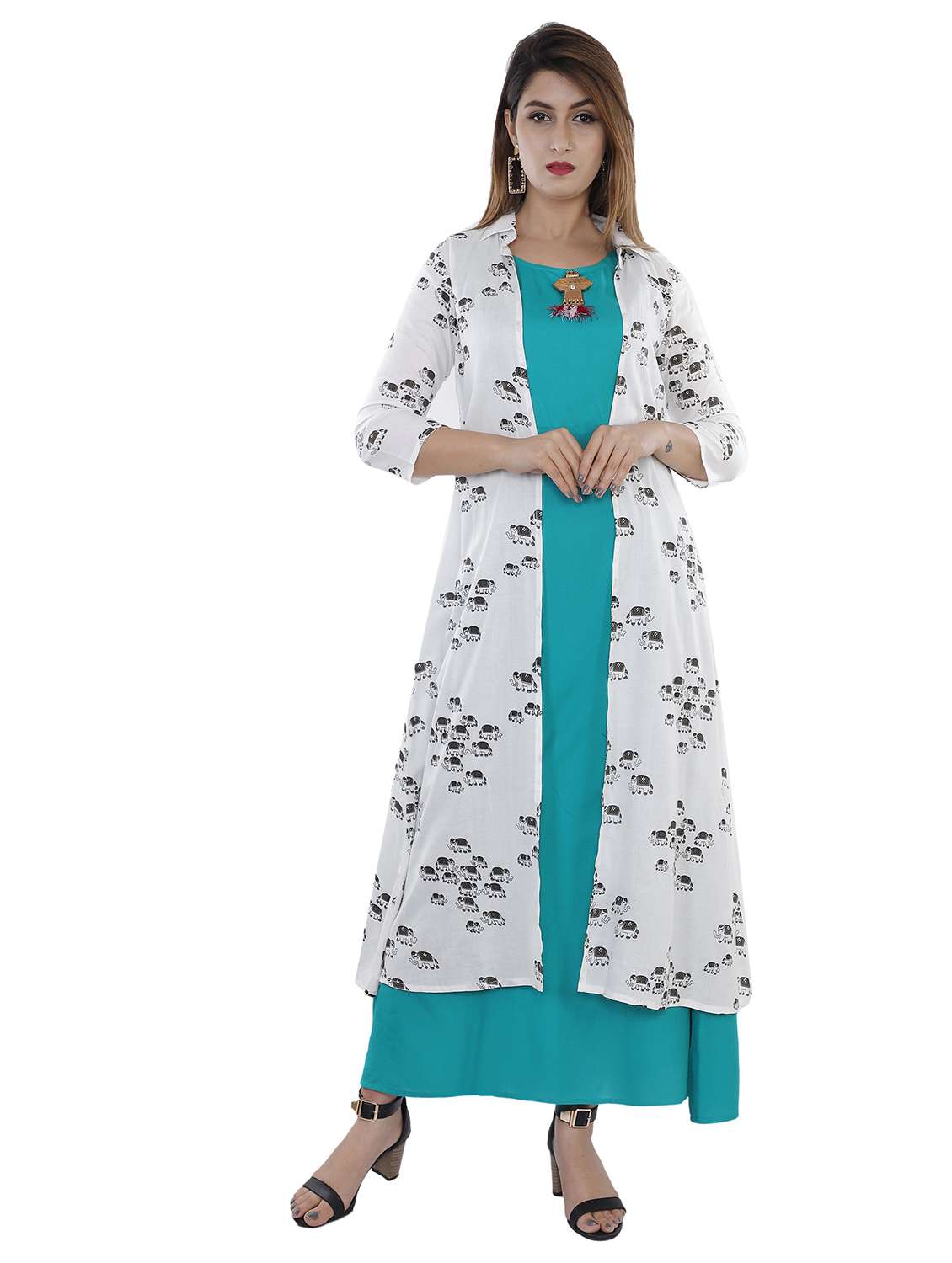 women printed three quarter sleeve kurta with jacket