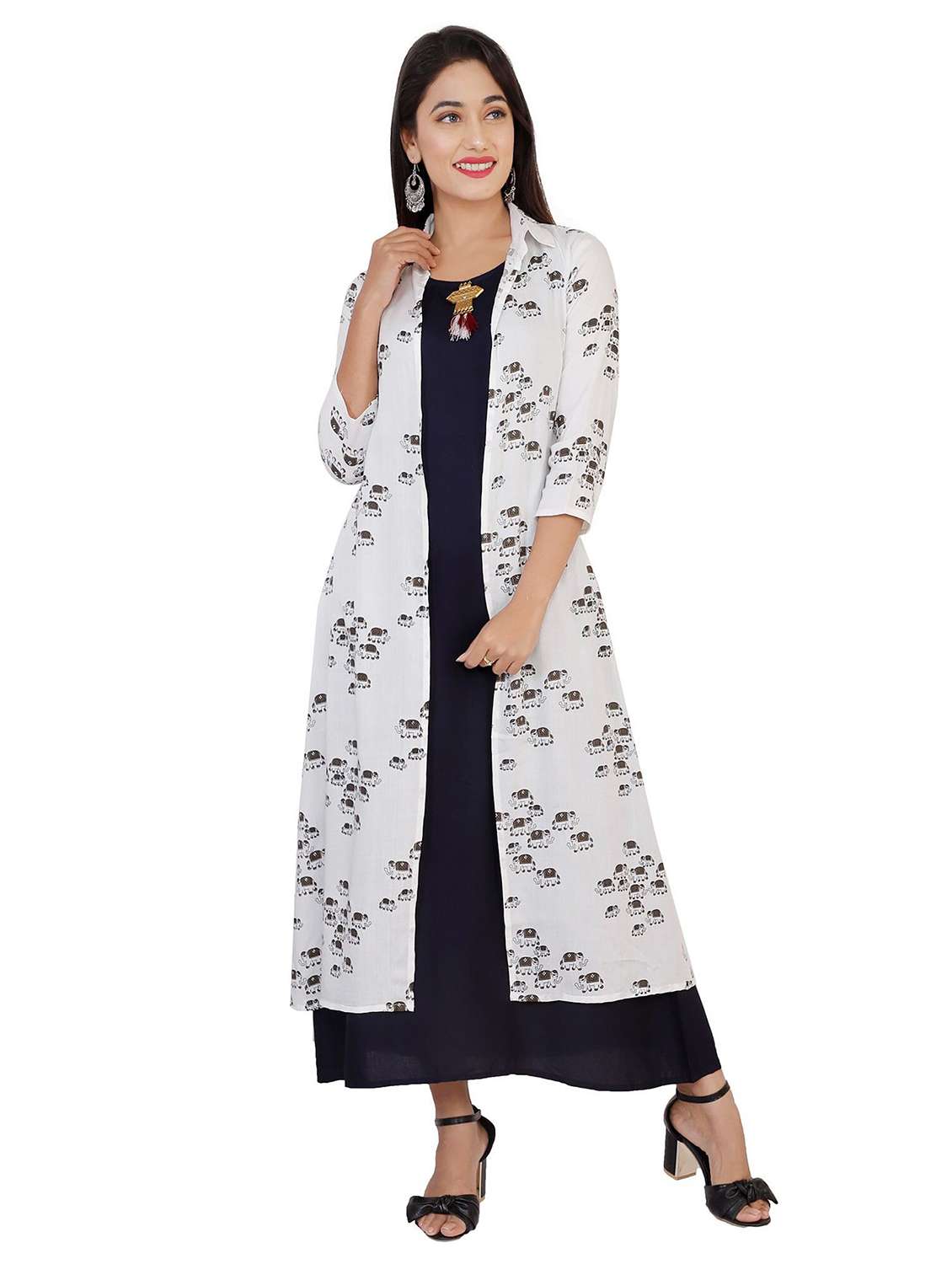 women printed three quarter sleeve kurta with jacket