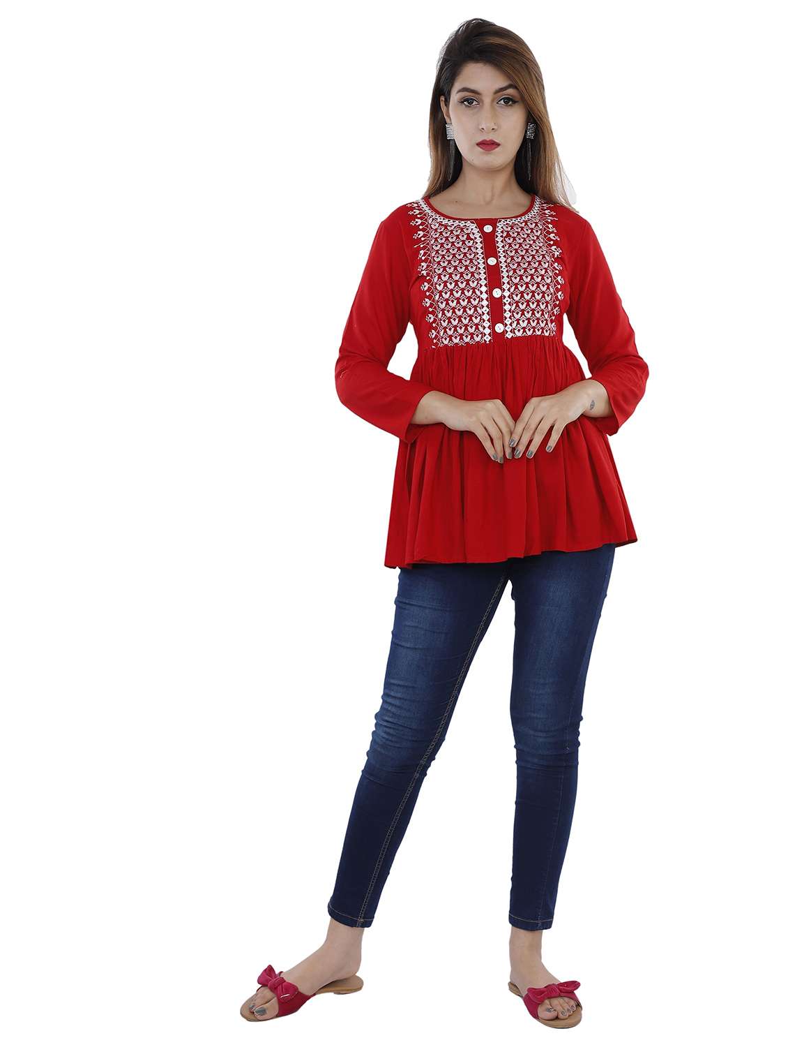 women solid with work three quarter sleeve ethnic top - 22339287 -  Standard Image - 3