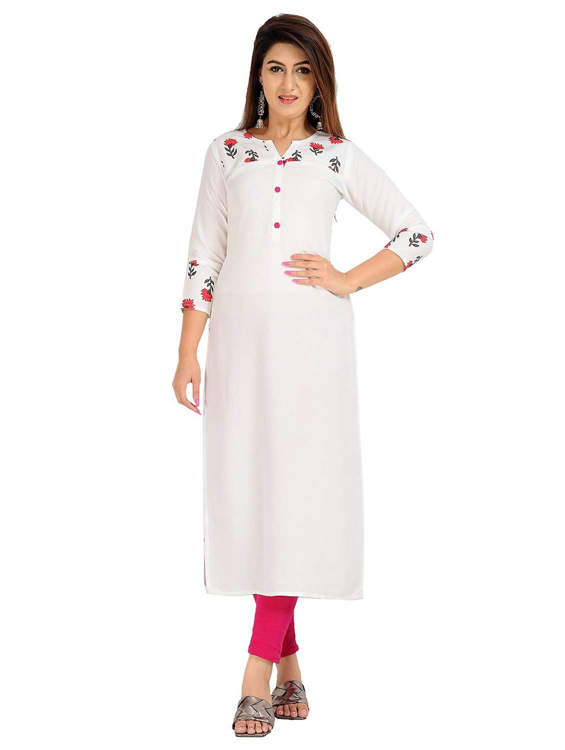 women floral printed three quarter sleeve straight kurta