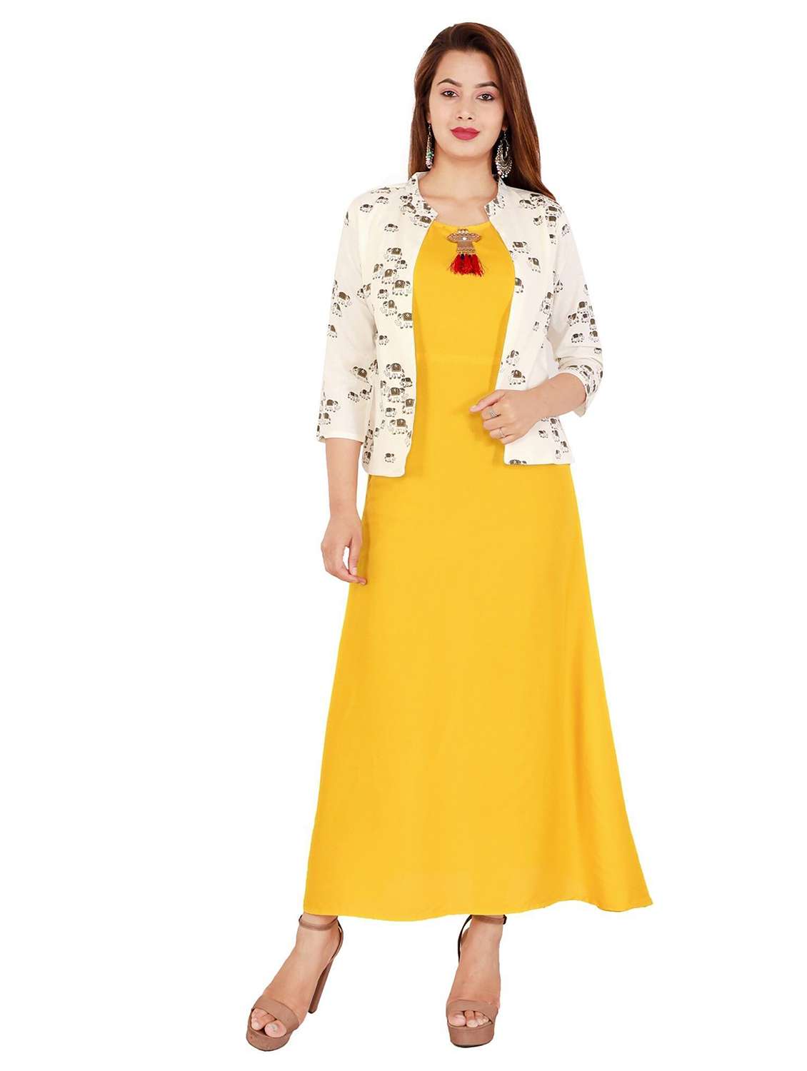 women printed three quarter sleeve kurta with jacket