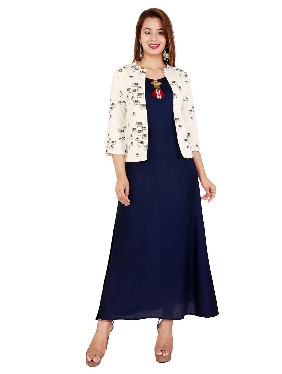 women printed three quarter sleeve kurta with jacket