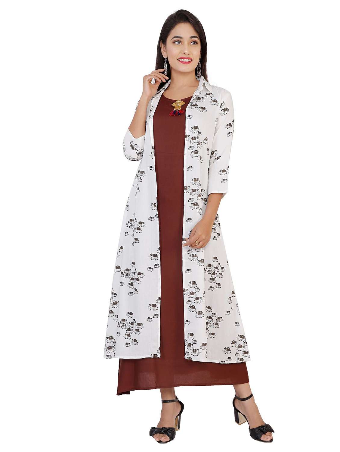 women printed three quarter sleeve kurta with jacket