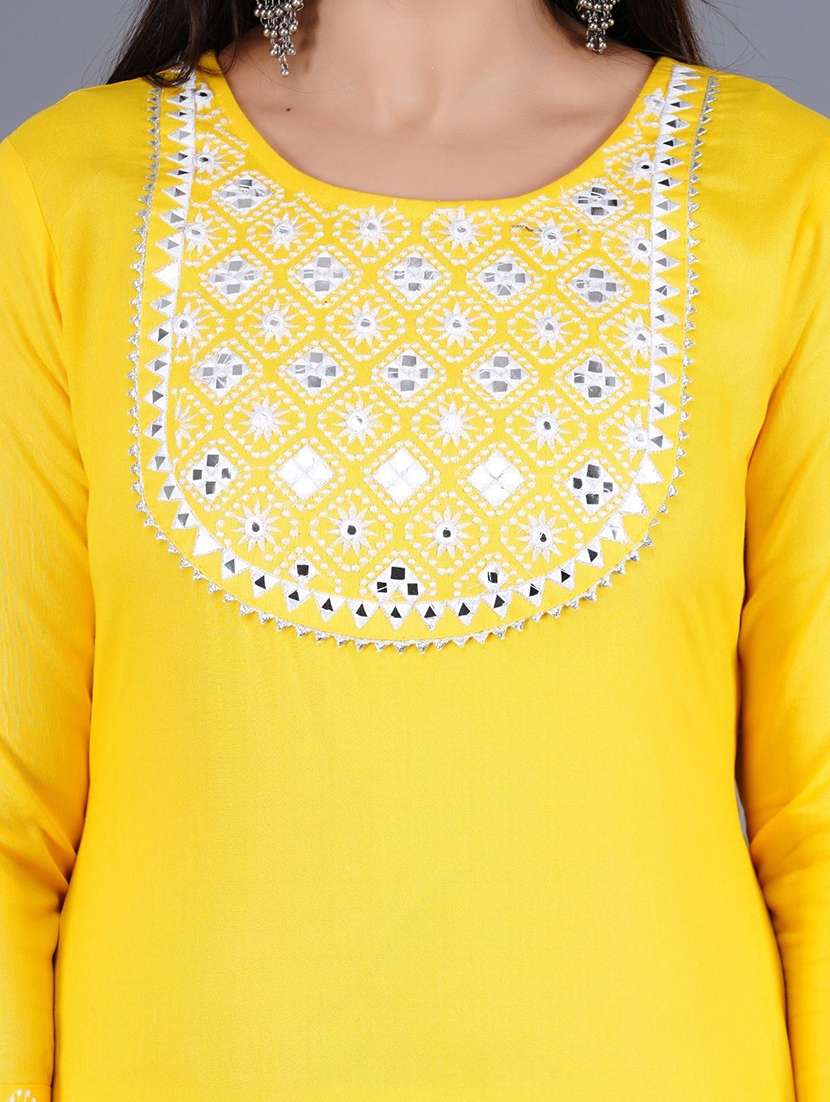 women solid with work three quarter sleeve straight kurta - 22339302 -  Standard Image - 3