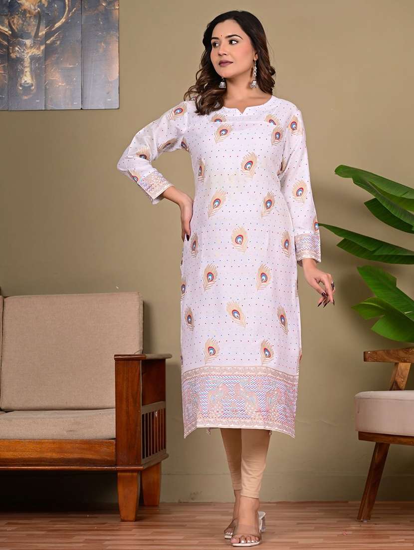 women printed long sleeve straight kurta 