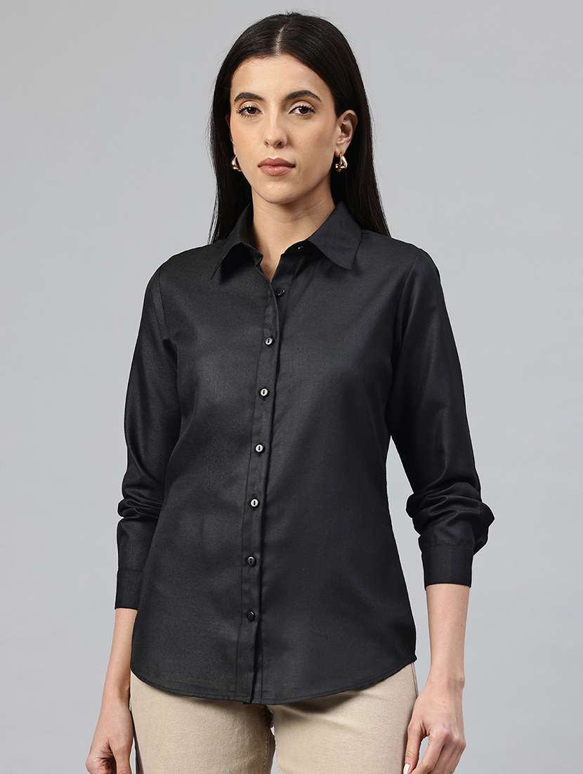women solid collared long sleeve shirt 