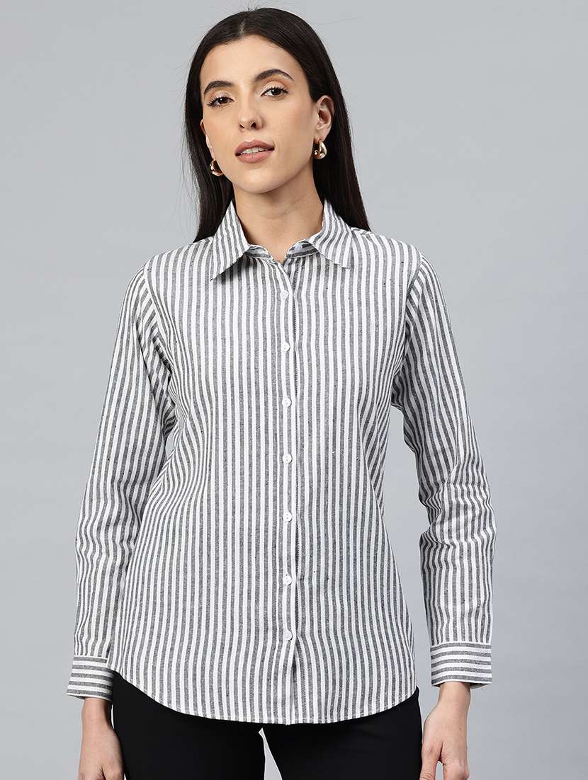 women striped collared long sleeve shirt 