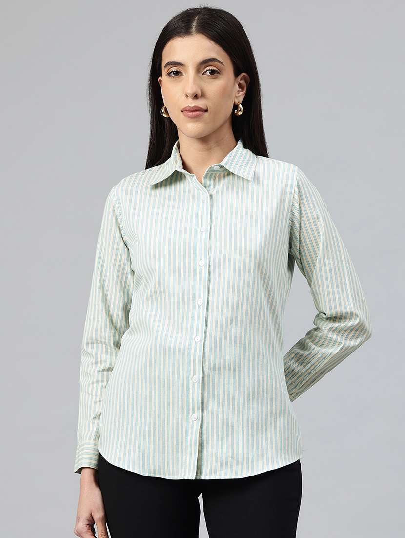 women striped collared long sleeve shirt 