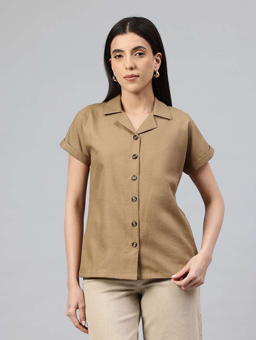 women solid cuban collar short sleeve shirt 