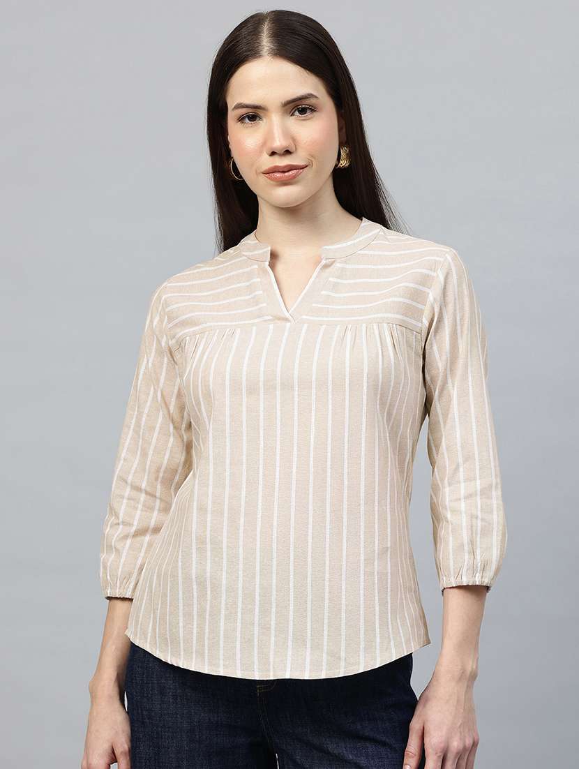 women striped three quarter sleeve regular top