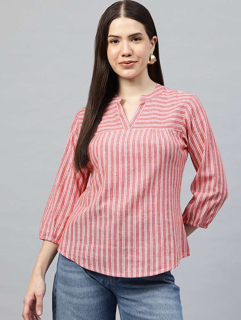 women striped three quarter sleeve regular top