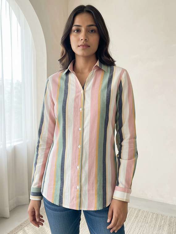 women striped collared long sleeve shirt