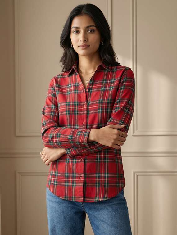 women checkered collared long sleeve shirt
