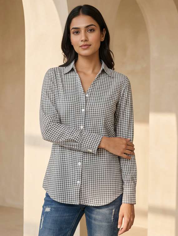 women houndstooth print collared long sleeve shirt