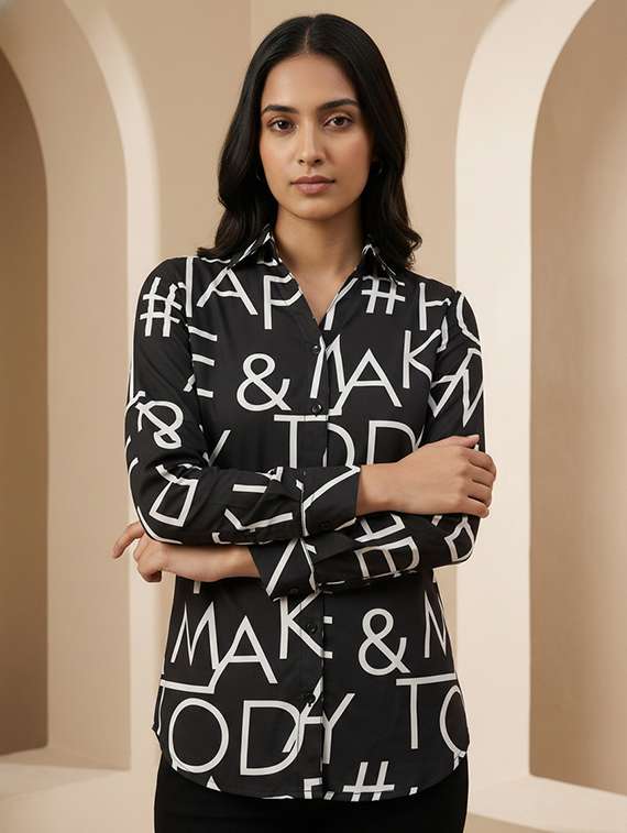 women printed collared long sleeve shirt