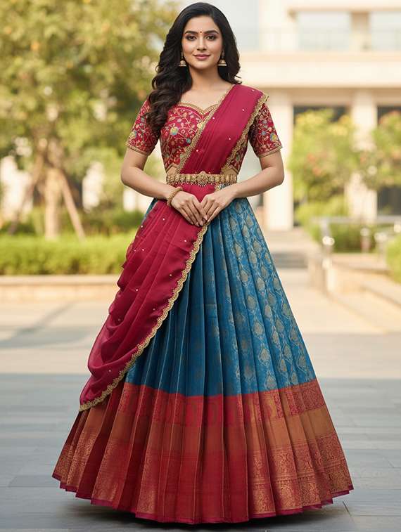 women self design south indian style unstitched lehenga choli set