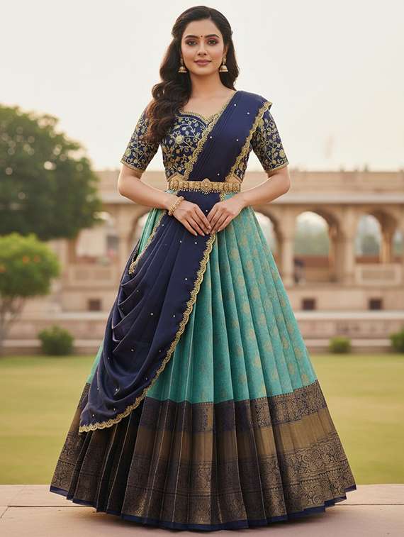 women self design south indian style unstitched lehenga choli set