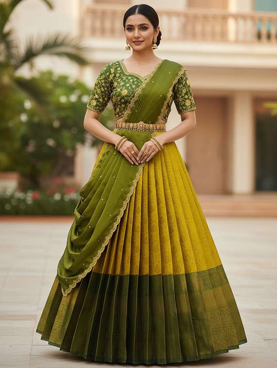 women self design south indian style unstitched lehenga choli set