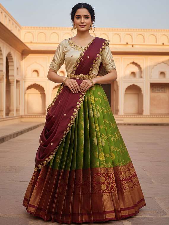 women self design south indian style unstitched lehenga choli set