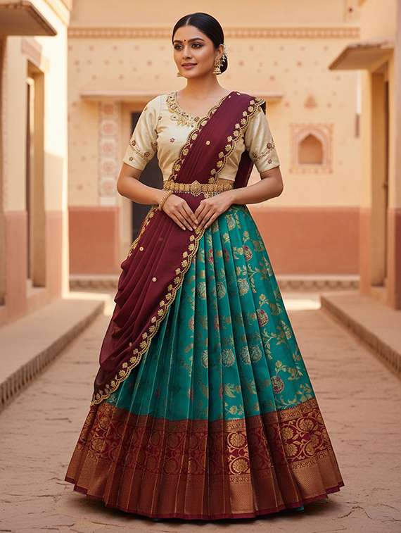 women self design south indian style unstitched lehenga choli set