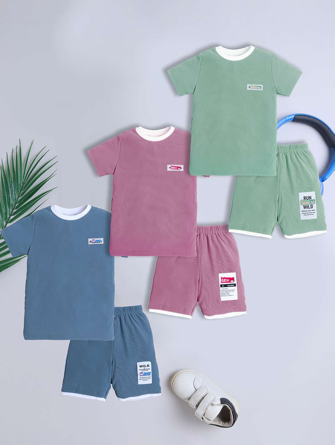 boys pack of 3 solid t-shirt and shorts co-ord set