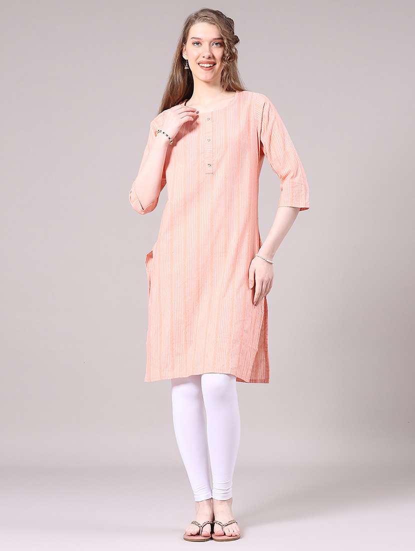peach cotton straight kurta - 22339587 -  Standard Image - 3