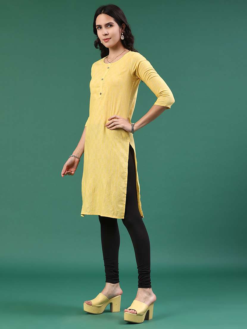 yellow cotton straight kurta - 22339594 -  Standard Image - 3