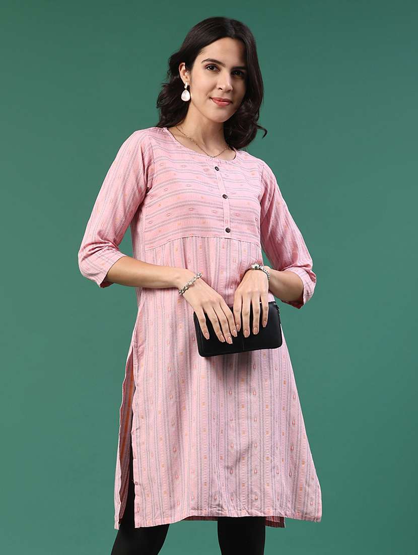 Pink Cotton Straight Kurta - 22339595 -  Standard Image - 5