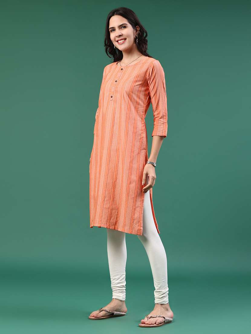 peach cotton straight kurta - 22339601 -  Standard Image - 3