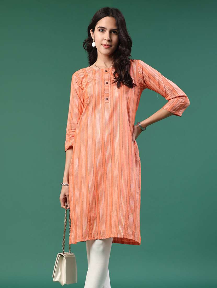 peach cotton straight kurta - 22339601 -  Standard Image - 5
