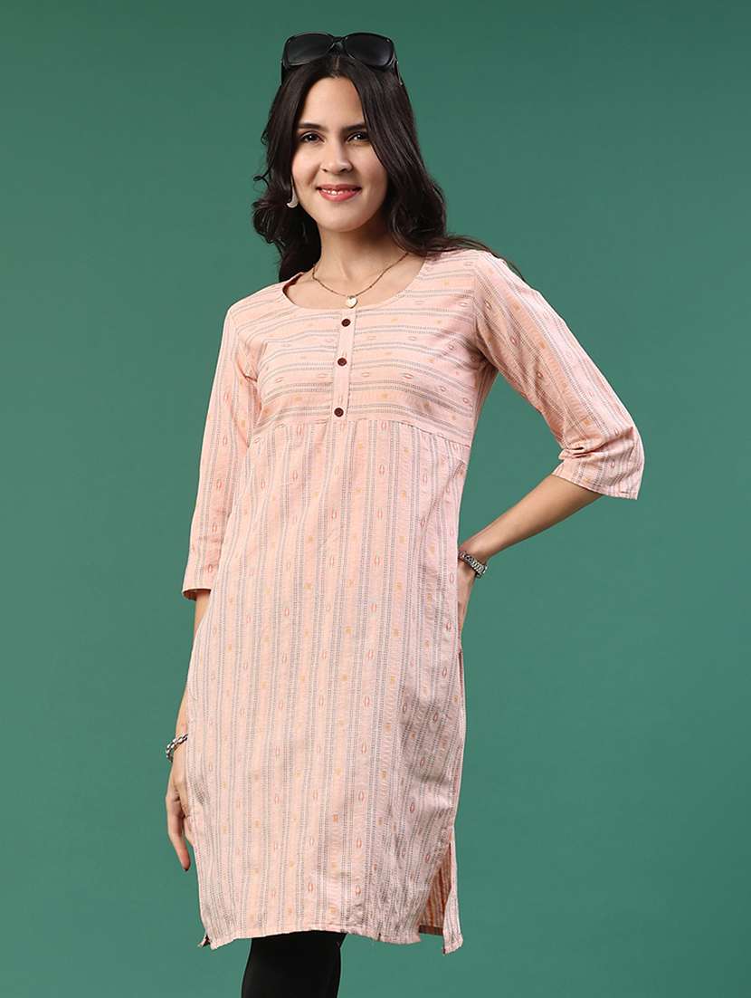 peach cotton straight kurta - 22339604 -  Standard Image - 5